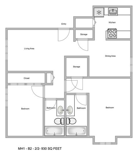 Floor plan for 2 beds, 2 baths, 930 sqft